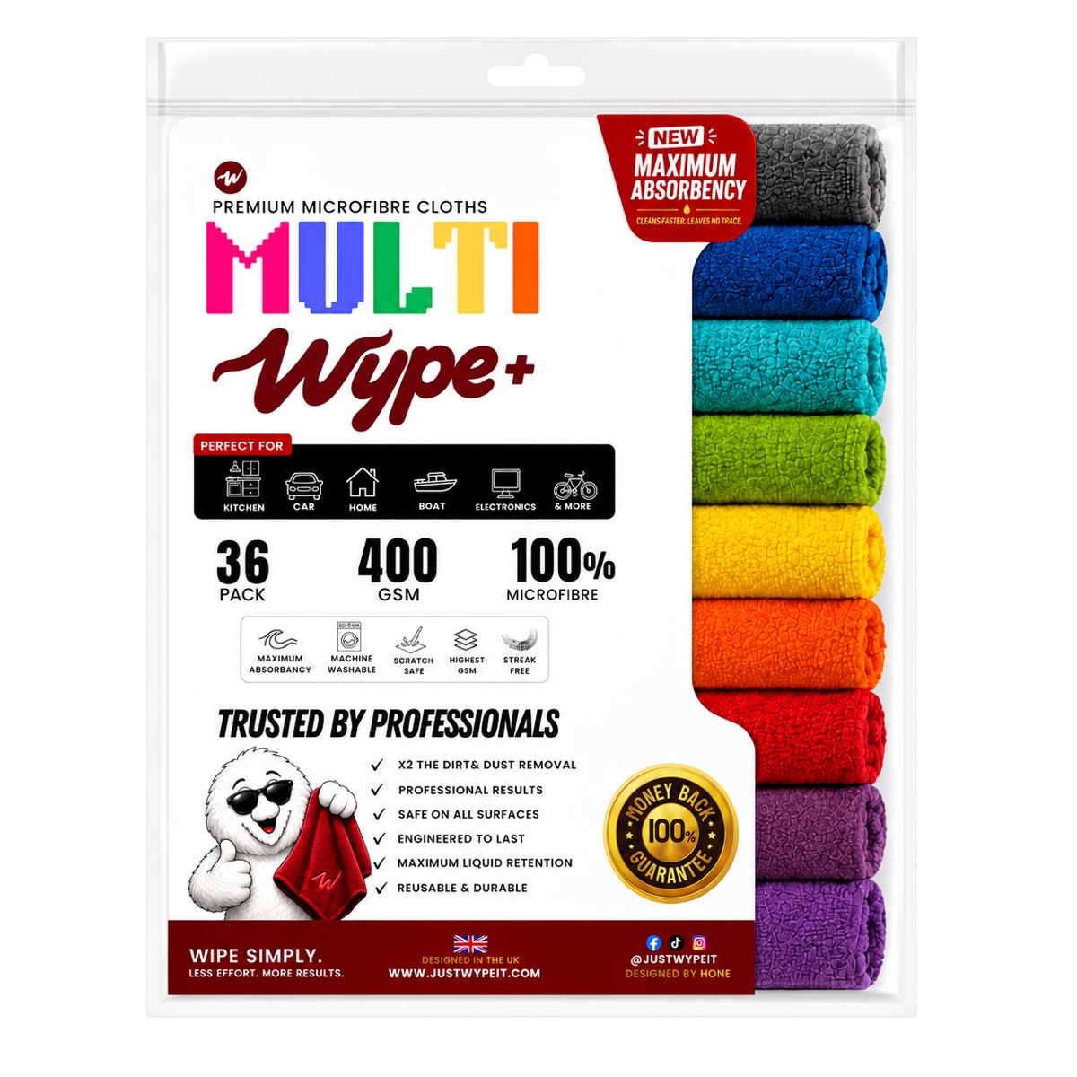 MultiWype+ 36 pack, 400 GSM dual-pile cloths in 8 colours