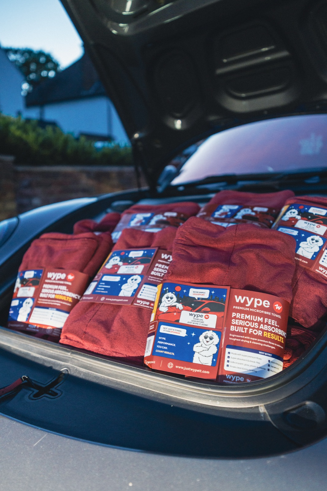 NanoWype+ packaged towels in car boot
