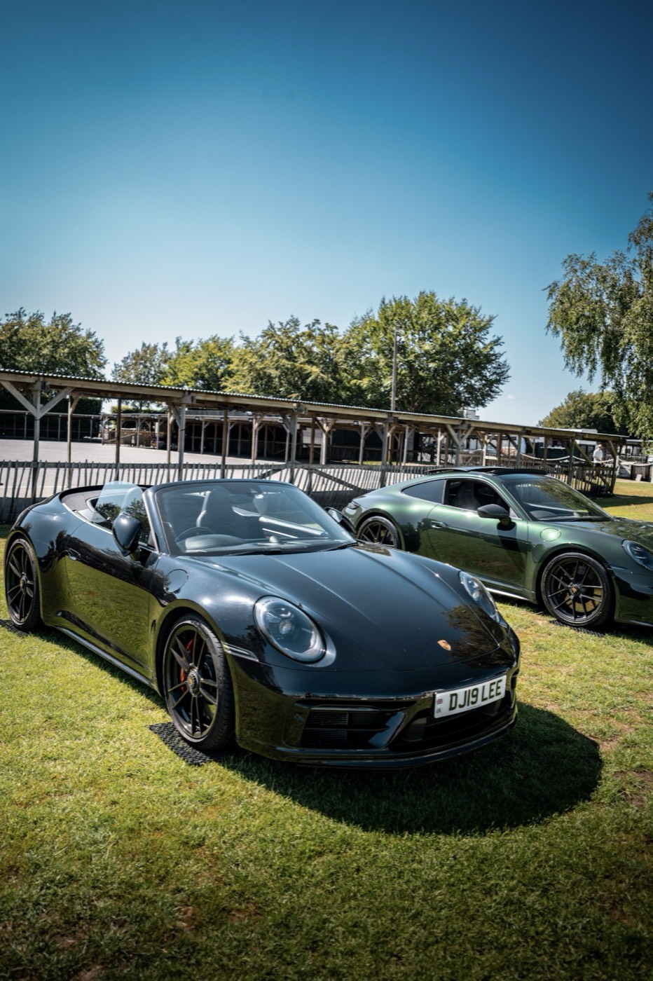 Black 911 Cabriolet and green 911 GTS parked on the lawn
